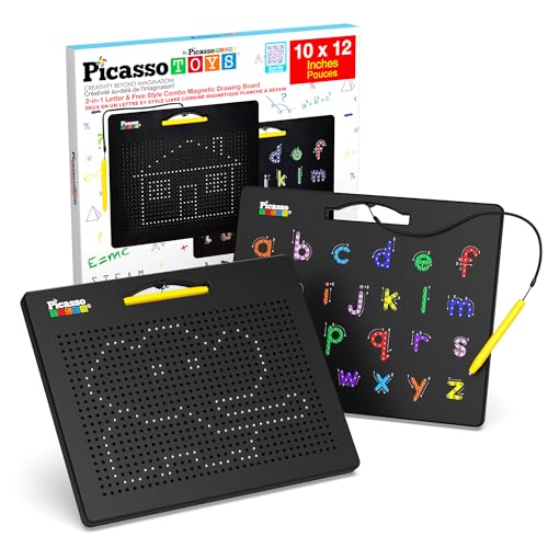 PicassoTiles PTB04 - Tablero de dibujo magnético 2 en 1 de 12 x 10 pulgadas, cuentas magnéticas grandes con alfabeto y estilo libre, educativo, borrable, para aprendizaje STEM y escritura, negro
