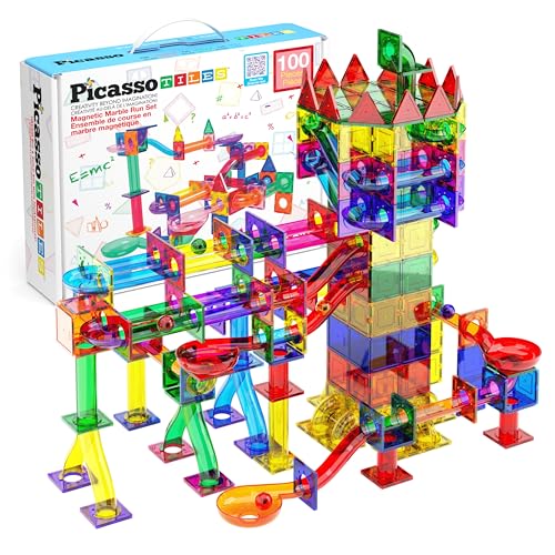PicassoTiles Conjunto de juego de 100 piezas magnéticas para construir pista de carreras de canicas, para niños, laberinto, sensorial, STEM, educativo, bloques de construcción y baldosas, niños a