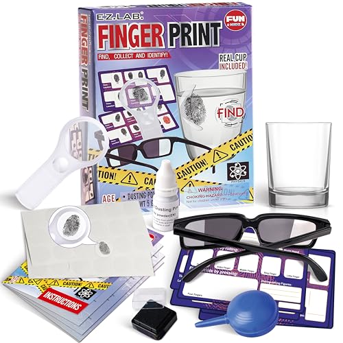FunKidz Kit de huellas dactilares para niños de 8 a 12 años, FunKidz Detective Spy Gear Juego de simulación, kit de ciencia STEM Proyecto con investigaciones de escena del crimen, herramientas educativas de clase para niños y niñas