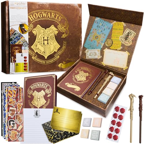 Harry Potter Regalos de diario suministros diario de papelería conjunto con cuaderno, varita, bolígrafo, sobres de escritura de letras, notas adhesivas, calcomanías de sello de Hogwarts para la
