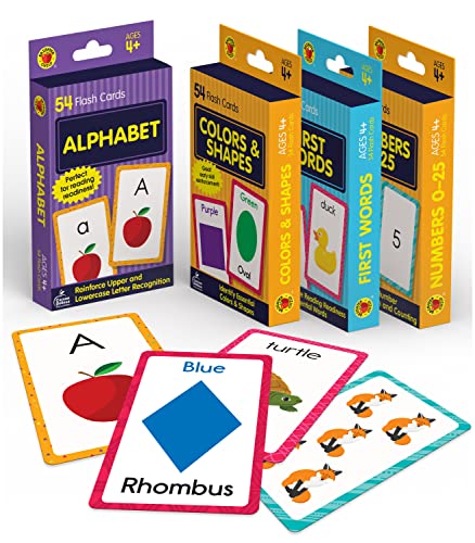 Carson Dellosa - Paquete de 4 tarjetas flash para niños pequeños, tarjetas flash del alfabeto, tarjetas flash de palabras a la vista, tarjetas flash de colores y formas, tarjetas flash de números,