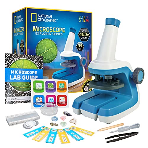 Microscopio geográfico nacional para niños: kit STEM con un microscopio infantil fácil de usar, zoom de hasta 400x, toboganes en blanco y preparados, especímenes de roca y minerales y más, gran
