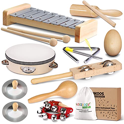 LOOIKOOS Instrumentos musicales internacionales para niños pequeños, juego de música de madera natural para niños pequeños y niños, juguetes musicales educativos preescolares ecológicos con bolsa de