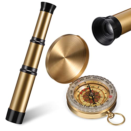 2 piezas de telescopio de mano pirata Spyglass con engranaje de supervivencia brújula bolsillo retro Spyglass portátil plegable de mano telescopio para niños pirata cosplay fiesta recuerdos camping