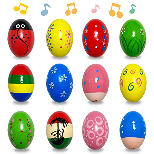 JoFAN Paquete de 12 huevos de percusión musical de madera para agitar, huevos de Pascua, para niños, niñas, niños pequeños, cesta de Pascua, regalos