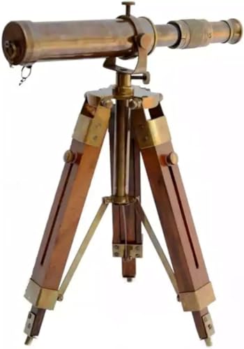 Telescopio de latón marítimo antiguo con trípode ajustable, telescopio decorativo para el hogar, náutico con soporte, decoración de trípode vintage de madera y accesorio de mesa, cristal