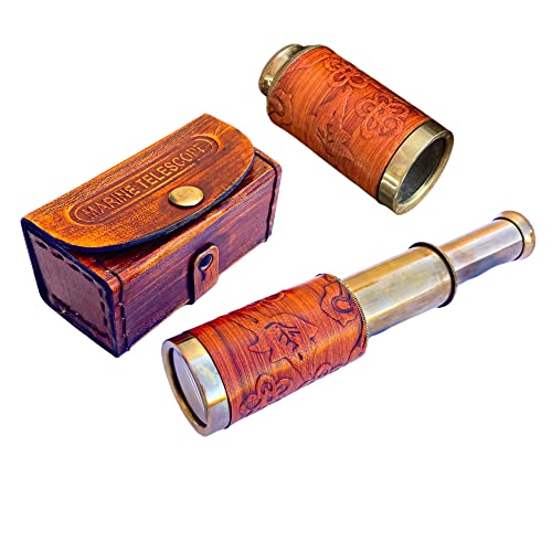 Telescopio de mano de latón de 6 pulgadas con estuche de cuero, telescopio de bolsillo de navegación pirata, coleccionables náuticos, telescopio para niños, regalo para niños, regalo de cumpleaños