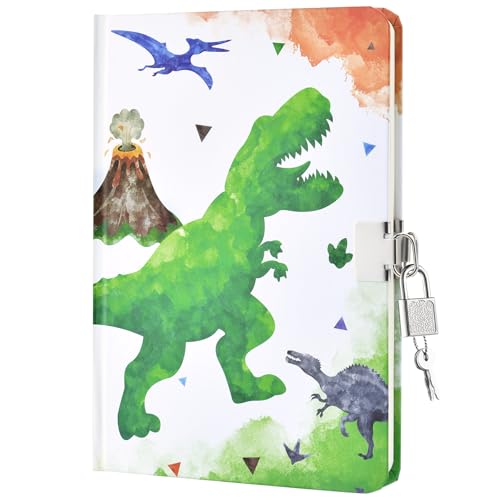 WERNNSAI Diario de dinosaurios de acuarela para niños, cuaderno luminoso de regalo para niños, escuela, viajes, diario privado, tapa dura, A5, notas rayadas, cuaderno de dibujo con teclas de bloqueo