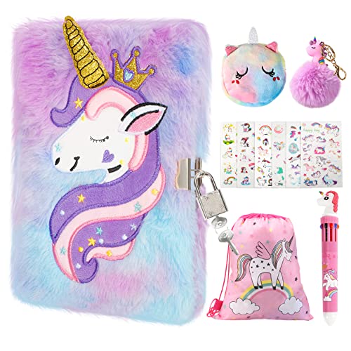 homicozy Diario de unicornio para niños con cerradura y llave, diario difuso de teñido anudado para niñas de 6 años en adelante, cuaderno de tapa dura con 160 páginas, bonito regalo de unicornio de