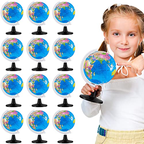 Henoyso 12 globos del mundo para niños de aprendizaje de 3.4 pulgadas, mini globo giratorio con soporte para escritorio educativo, aula, decoración para mesa de geografía, color azul