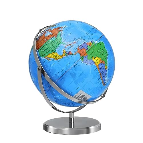 Globo del mundo de 13 pulgadas con soporte, rotación omnidireccional de 720°, soporte de acero inoxidable, decoración de mesa geográfica/decorativa, mapa del mundo con texto claro para el