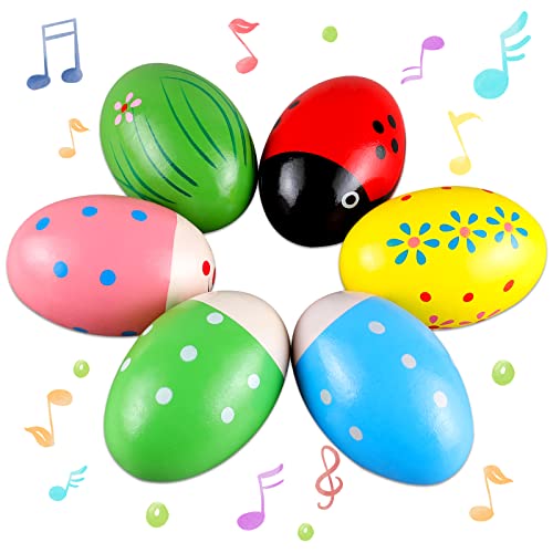 LOOIKOOS Huevos de madera Maracas, musicales de percusión para recuerdos de fiesta, cesta de Pascua, esenciales para bebés, huevos para niños pequeños (6 unidades)