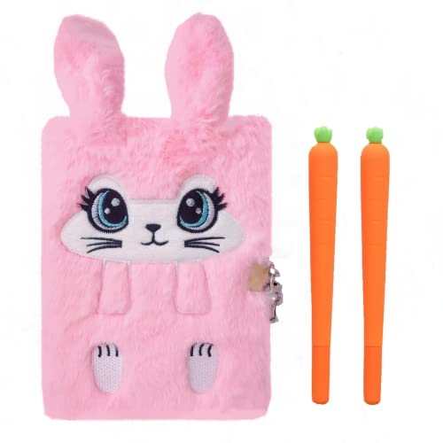 Diario de conejo con candado para niñas, lindo diario mullido para niñas de 8 a 12 años, juego con 2 bolígrafos de zanahoria para el día de Pascua, cumpleaños, Año Nuevo