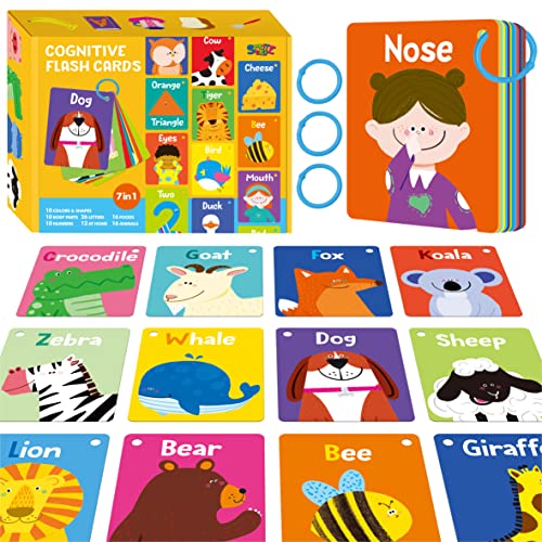 50 tarjetas cognitivas para niños, impresas de doble cara 7 en 1, tarjetas coloridas del alfabeto, números, alimentos, animales, formas, colores con 3 anillos resellables, herramienta de aprendizaje