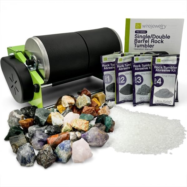 Pro-Series - Kit de vaso de roca de doble barril, incluye 3 libras de piedras preciosas de The World Stone Mix y 2 lotes de grano abrasivo de 4 pasos y esmalte con pellets de plástico