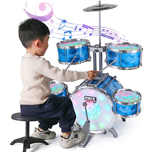 Juego de batería para niños pequeños con kit de batería de 5 jazz y luces (controlado por vibración) y aleación, instrumentos musicales, juguetes para niños de 1-3, 3-5 años