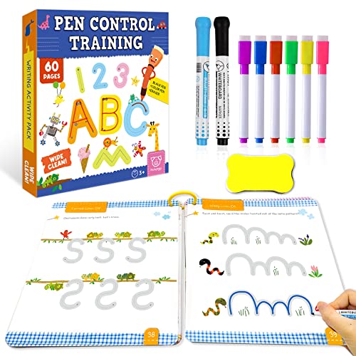 Actividades de aprendizaje preescolar, 60 páginas reutilizables, libro de práctica de escritura a mano para niños, juguetes educativos de aprendizaje de motricidad fina para niños de 3, 4, 5