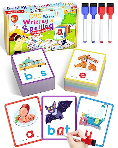 Gojmzo CVC - Tarjetas flash de escritura y ortografía de palabras, actividades de aprendizaje preescolar, suministros de escuela en casa de jardín de infantes, juego de lectura de palabras a la vista,