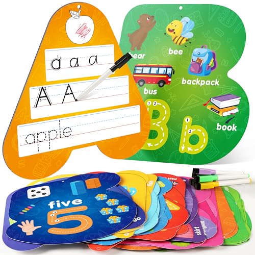 D-FantiX 55 tarjetas didácticas de borrado en seco y alfabeto para niños pequeños, tarjetas educativas de doble cara para escribir y limpiar, números colores, formas, letras, trazado, práctica de