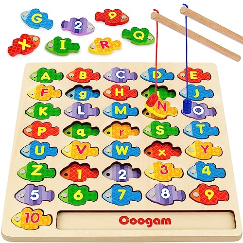 Coogam Juego de pesca de números del alfabeto magnético, rompecabezas de madera ABC a juego de números de letras de color a juego, juguete educativo Montessori de motor fino para niños preescolares de