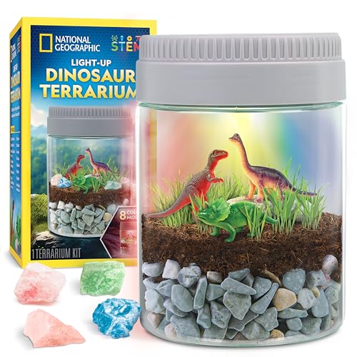 NATIONAL GEOGRAPHIC - Kit de terrario de dinosaurio para niños, kit de terrario con luz multicolor para niños, construye un hábitat de dinosaurio con plantas reales, kit de ciencia, juguetes de
