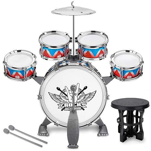 Juego de batería de jazz para niños de 3 a 5 años, regalo perfecto de cumpleaños y Navidad, juego de juguetes musicales de aprendizaje temprano con fácil montaje