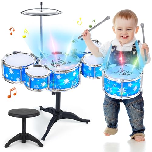 Juego de batería para niños pequeños con luz (todo plástico), regalos musicales juguetes para niños y niñas, kit de batería instrumento musical para principiantes práctica musical, regalo de