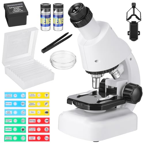 Kit de microscopio para principiantes 100X-1200X Microscopios compuestos con luz LED integrada y kit de accesorios científicos de 28 piezas para niños de 8 a 12 años, regalo de cumpleaños,
