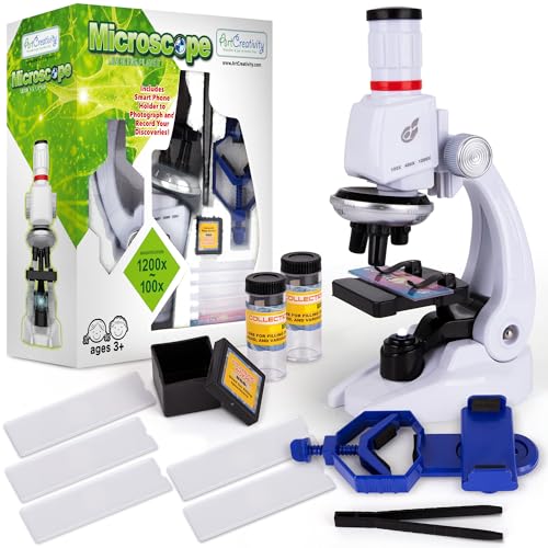 ArtCreativity Microscopio para niños (120X - 400X - 1200X) Kit educativo de ciencia con microscopio, diapositivas, pinzas y viales - Soporte de visualización de teléfono para imágenes de muestras