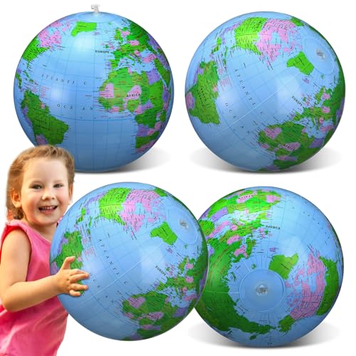 Pangda 4 globos inflables gigantes de 24 pulgadas de PVC, bola de playa, juguetes de piscina, para escuela, aula, geografía, juego, enseñanza, fiesta, recuerdos, decoración, principal, azul claro