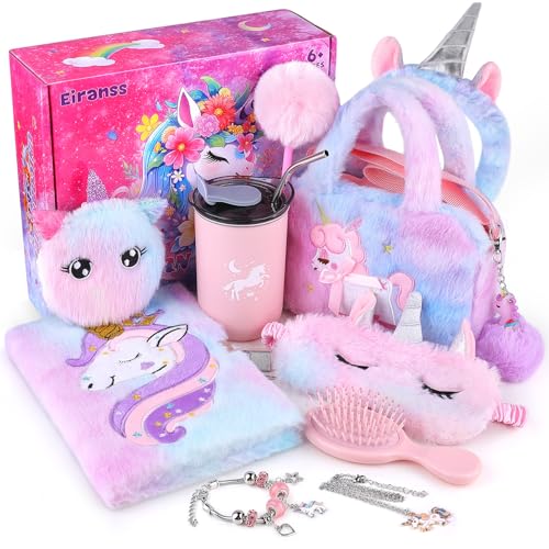 Regalos de unicornios para niñas de 4 5 6 7 8 9 10 años de edad con unicornios bolso de mano / diario con cerradura/diadema/máscara de ojos/botella de agua, juguete de unicornio para niños, juguetes
