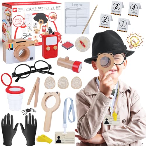 Kit espía para niños, disfraz de detective, juguetes de huellas dactilares con sombrero, lupa de madera y herramientas de detective, investigaciones científicas, juguete de juego de rol, regalos para
