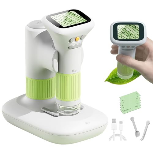 M&G Microscopio para niños, microscopios portátiles de mano 1000X con base, microscopio de bolsillo de pantalla HD de 2 pulgadas, cámara de soporte USB y video de PC, mini microscopios digitales para