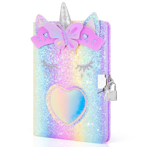 homicozy Diario de unicornio con cerradura, regalo para niñas de 6, 7, 8 años, diario Seceret con purpurina para niños con 160 páginas, cuaderno brillante para escribir y dibujar, bonito regalo de