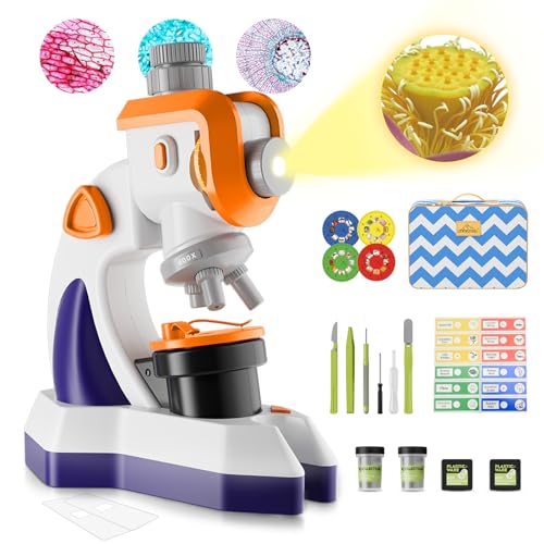 MAXLAPTER Microscopio para niños 1200X con proyector: Microscopio para niños con portaobjetos preparados de plástico y bolsa de almacenamiento, regalos de juguete Science Edu para principiantes de 8 a