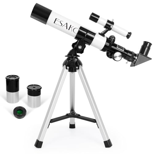 ESAKO Telescopio para niños, aumento de 100x, telescopio para niños con dos oculares, alcance buscador, trípode de mesa, regalo educativo
