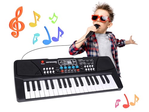M SANMERSEN Teclado de piano mejorado para niños, 37 teclas con micrófono, juguetes musicales, regalos de cumpleaños para niños y niñas de 3, 4, 5, 6 años, color negro