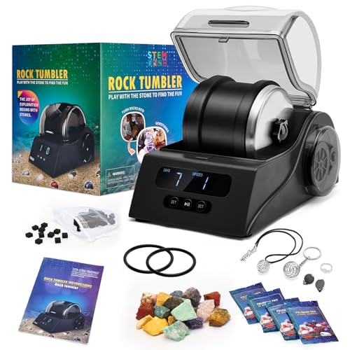 Rock Tumbler Kit Adults - Rock Polisher Tumbler with Noise Reduction Cover, Speed&Timer Control, Includes 4 Polishing Grits, Rough Gemstones, Learning Guide etc. (Black)