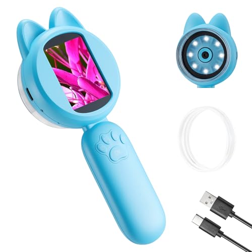 Microscopio de mano para niños, lupa digital 30X con pantalla IPS de 2.0 pulgadas, cámara HD y 8 luces LED, mini microscopio para ciencia educativa y pasatiempos, tarjeta TF integrada para 300