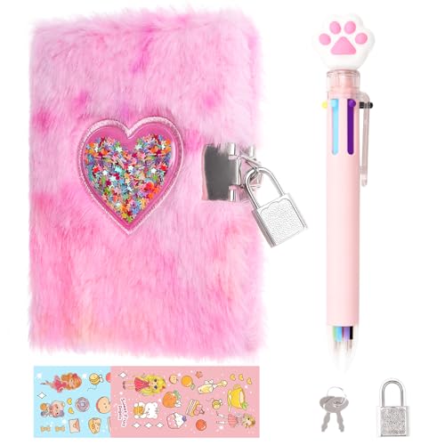 Mini diario de corazón para niñas con candado y llaves, 4.7 x 6.1 pulgadas, lindo diario de peluche, diario secreto, diario de escritura, páginas forradas, cuaderno con diseño de