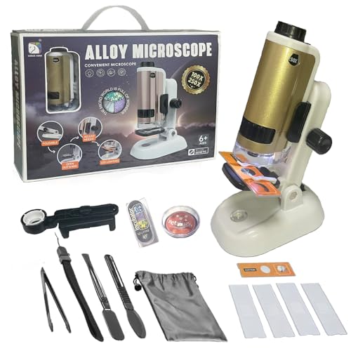 Microscopio para niños, kits STEM y de ciencia con miniscopio de mano de aumento de 250x microscopio de bolsillo portátil y 2 diapositivas de muestra, 4 diapositivas en blanco, juguete de experimento
