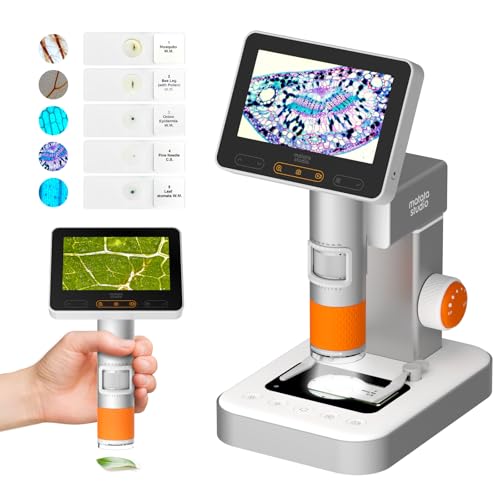 Microscopio MX2-AS para niños, miniscopio de mano 2 en 1, microscopio digital 1600X con pantalla 1080P de 4.3 pulgadas, kit educativo de microscopios para niños y niñas