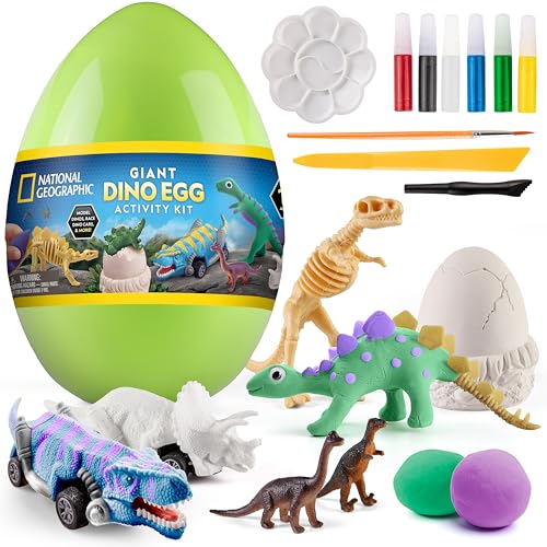 NATIONAL GEOGRAPHIC - Kit de actividades de huevos de dinosaurio gigante – Más de 15 manualidades de dinosaurio, pintura de autos, modelos de arcilla, ladrillos de excavación, calcomanías y guía de