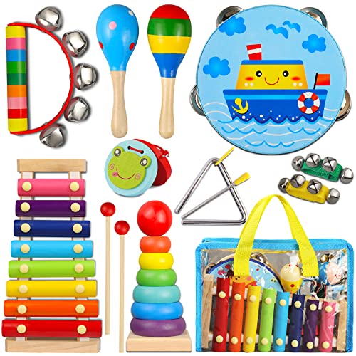 LOOIKOOS Juego de instrumentos musicales para niños pequeños, instrumentos de percusión de madera, juguete para niños, bebés, preescolar, juguetes musicales educativos para niños y niñas con bolsa de