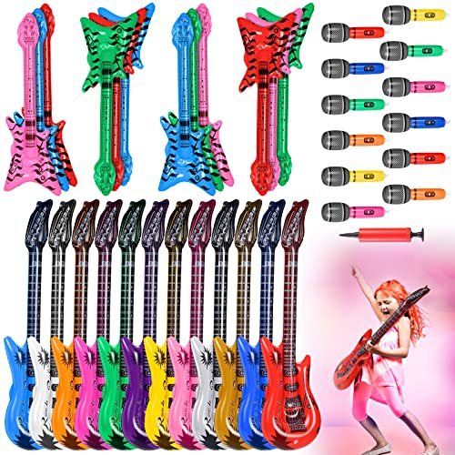 Juego de 37 instrumentos inflables de estrella de rock, 12 guitarras inflables de 36 pulgadas, 12 micrófonos inflables, 12 bajos con una bomba para fiestas temáticas de los años 80, carnaval,