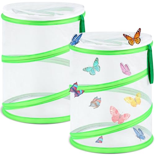 Sabary Jaula para hábitat de insectos y mariposas, terrario de malla transparente de 9 x 11 pulgadas, cierre de mariposa desplegable para orugas con puerta con cremallera para niños y niñas, 2