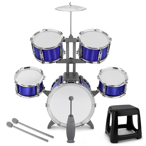 Juego de batería para niños, 5 piezas, kit de batería de jazz con taburete, instrumentos musicales, juguetes para niños de 3, 4, 5, 6, 7 años, regalo de cumpleaños