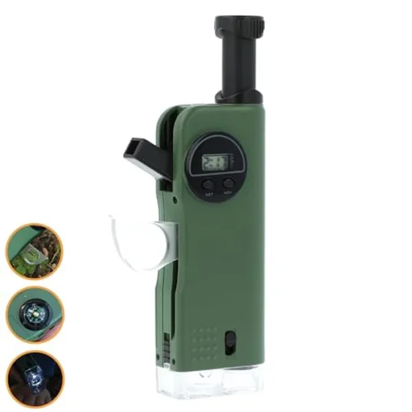 Carson X-Scope Kids - Herramienta de bolsillo óptica multiusos de 7 funciones con microscopio 30x, telescopio 8x, lupa plegable 9x, linterna, silbato de señal, brújula direccional y reloj digital