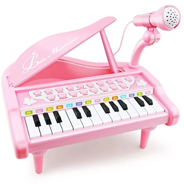 Love & Mini - Piano/teclado de juguete para niños de 3 a 5 años como regalo de cumpleaños, con 24 teclas, color rosa; instrumento musical de juguete con micrófono