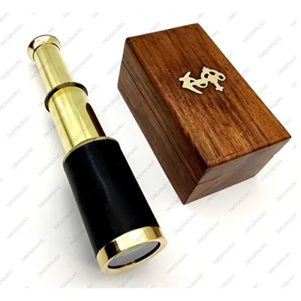 Telescopio de cristal espía de latón náutico con caja, latón (cuero negro)